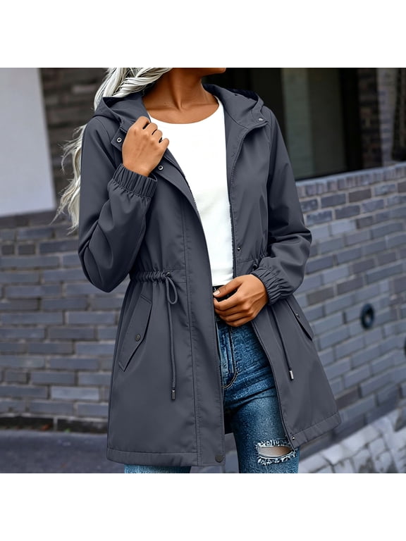 Women's Hooded Rain Jacket Lightweight Zipper Up Waterproof Windproof Raincoats Womens Solid Loose Fits Softshell Windbreaker Coat Outdoor Hiking Camping Travel Jacket