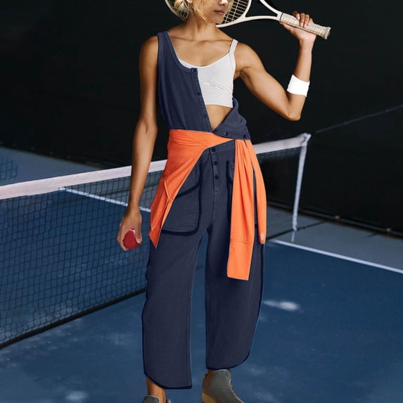 Athletic Jumpsuit for Women Summer Casual Button Down Tank Top Overalls with Pocket Elastic Waist Racerback Tennis Jumper, Navy, XXL