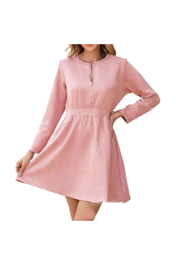 Athletic Knit Dress, Form-Fitting with High Neck and Partial Zip, Fashionable Dress for Running Errands, Travel, and Street Style Pink M
