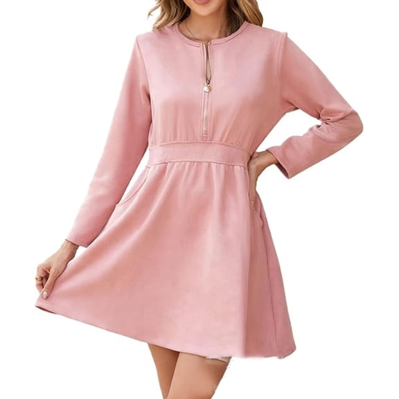 Athletic Knit Dress, Form-Fitting with High Neck and Partial Zip, Fashionable Dress for Running Errands, Travel, and Street Style Pink XL