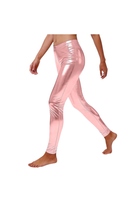 Athletic Leggings Women's High Waisted Shiny Leggings Slim Fitting Workout Dance Pants with Pockets Stretchy Sparkly Tight Pants for Gym, Party M