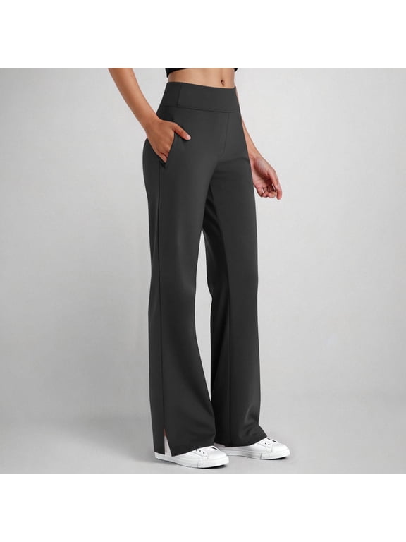 Athletic Leggings Women's High Waisted Wide Leg Pants with Pockets Lightweight Split Hem Dressy Casual Yoga Leggings for Work Black L
