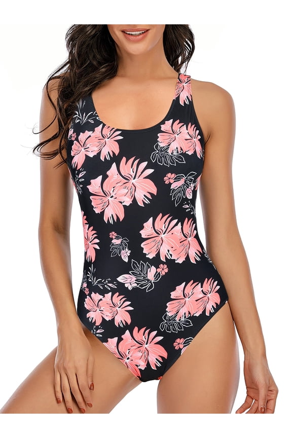 Athletic One Piece Bathing Suit Tummy Control Modest Swimsuits for Women Pink Flower 12-14