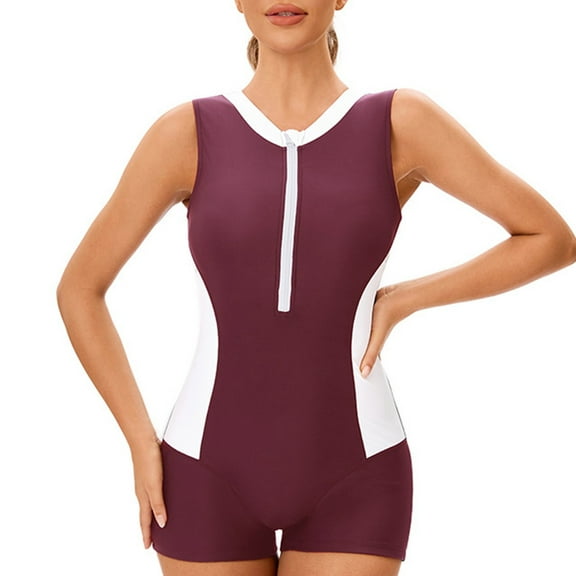 Athletic One Piece Swimsuits for Women Built in Bra Zipper Up Bathing Suits Modest Boyleg Swimwear Wine 2XL