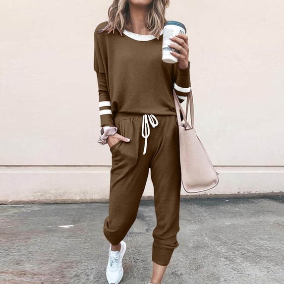 Athletic Outfit Sets 2 Piece Women Color Block Striped Long Sleeve Cuffed Capri Jogger Pants Coffee S