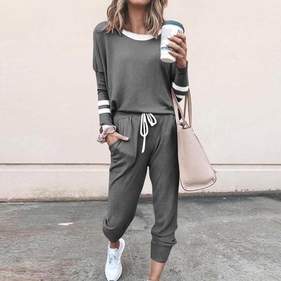 Athletic Outfit Sets 2 Piece Women Color Block Striped Long Sleeve Cuffed Capri Jogger Pants Gray M