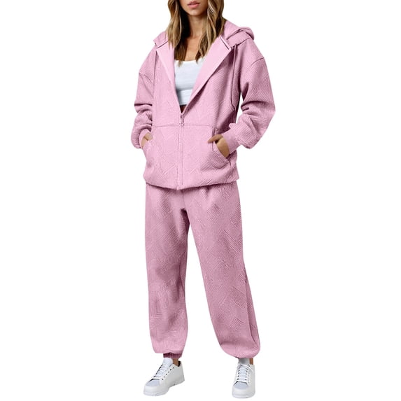 Athletic Outfit Sets 2 Piece Women Embossed Texture Zip Up Hoodie Cuffed Jogger Pants Pink XXL