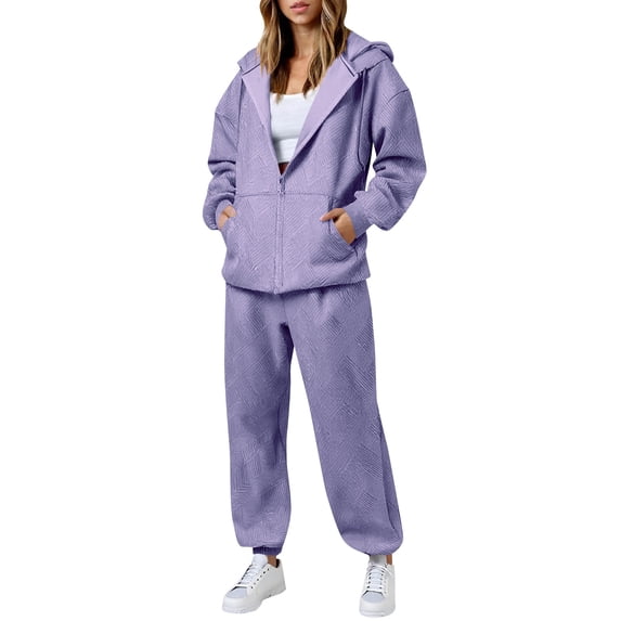 Athletic Outfit Sets 2 Piece Women Embossed Texture Zip Up Hoodie Cuffed Jogger Pants Purple XL