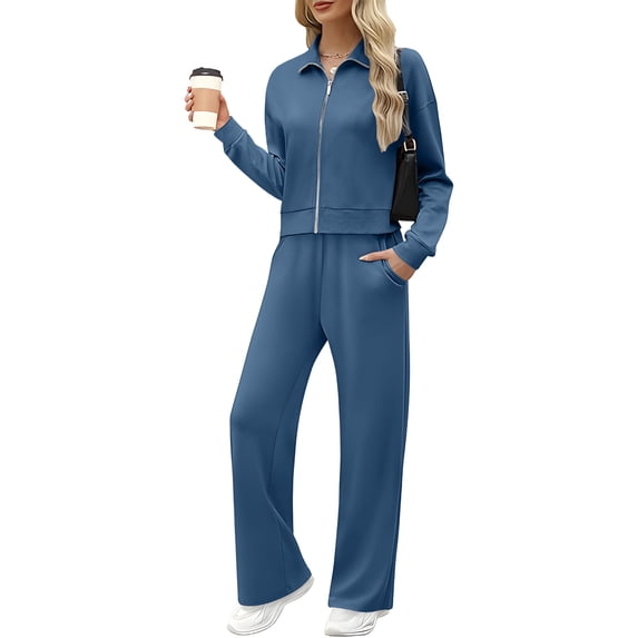 Athletic Outfit Sets 2 Piece Women Solid Collared Zip Crop Jacket Wide Leg Pants Navy M