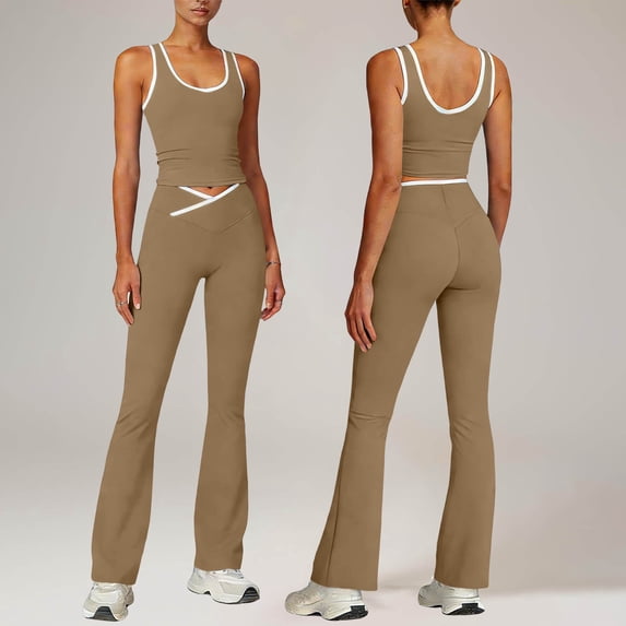 Athletic Outfit Sets 2 Piece Women Solid Contrast Trim Tank Cross Waist Flare Leggings Khaki XXL