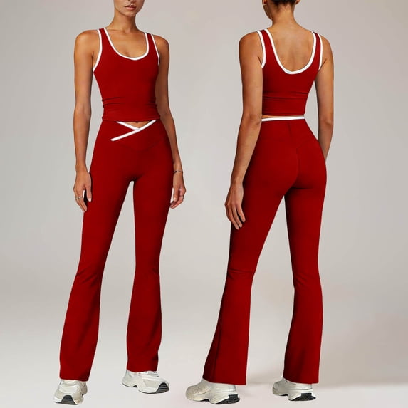 Athletic Outfit Sets 2 Piece Women Solid Contrast Trim Tank Cross Waist Flare Leggings Red L
