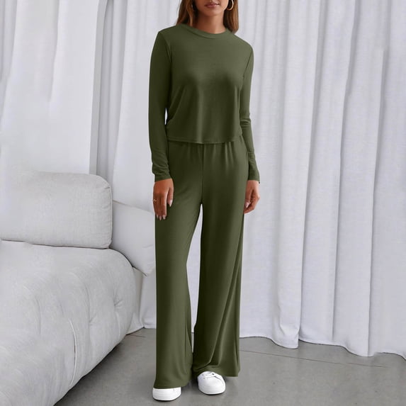 Athletic Outfit Sets 2 Piece Women Solid Crew Neck Crop Long Sleeve Wide Leg Pants Army Green XXL