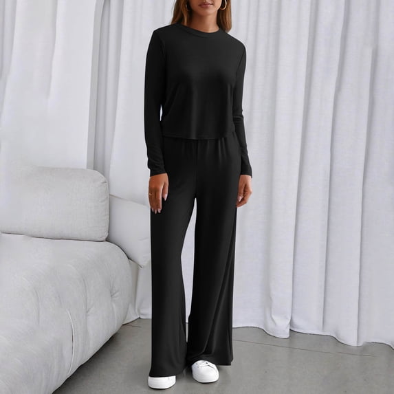 Athletic Outfit Sets 2 Piece Women Solid Crew Neck Crop Long Sleeve Wide Leg Pants Black L