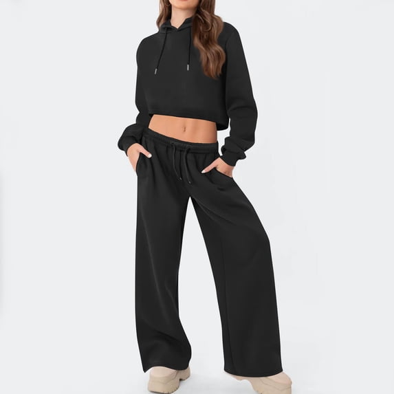 Athletic Outfit Sets 2 Piece Women Solid Crop Hoodie Wide Leg Jogger Pants Black XXL