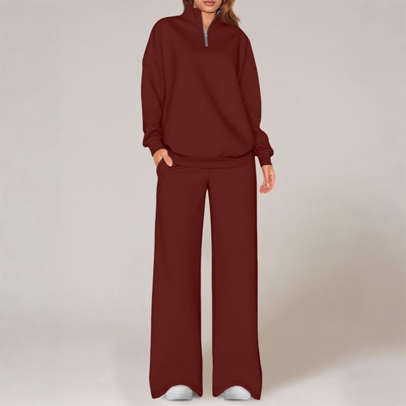 Athletic Outfit Sets 2 Piece Women Solid Half Zip Stand Collar Oversized Wide Leg Pants Wine XXL