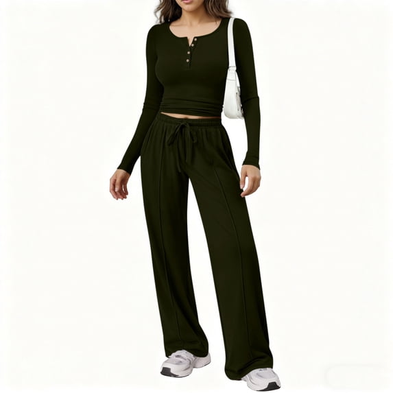 Athletic Outfit Sets 2 Piece Women Solid Henley Button Crop Long Sleeve Wide Leg Pants Army Green M