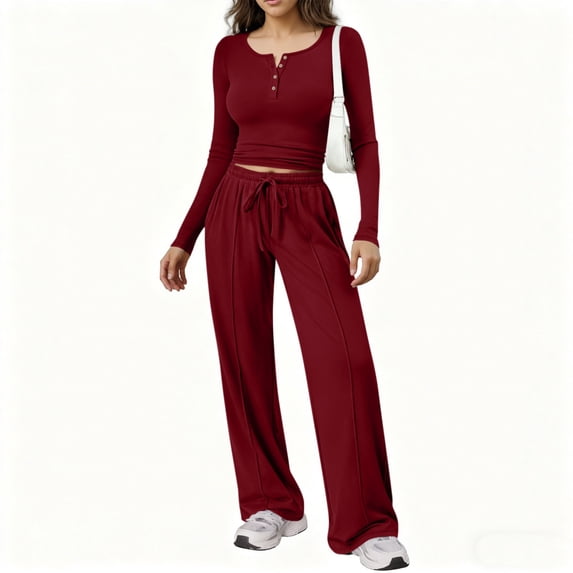 Athletic Outfit Sets 2 Piece Women Solid Henley Button Crop Long Sleeve Wide Leg Pants Wine L