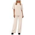 thumbnail image 1 of Athletic Outfit Sets 2 Piece Women Solid Oversized Crew Neck Short Sleeve Top Drawstring Wide Leg Pants Beige M, 1 of 8