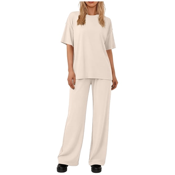 Athletic Outfit Sets 2 Piece Women Solid Oversized Crew Neck Short Sleeve Top Drawstring Wide Leg Pants Beige M