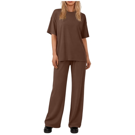 Athletic Outfit Sets 2 Piece Women Solid Oversized Crew Neck Short Sleeve Top Drawstring Wide Leg Pants Brown S