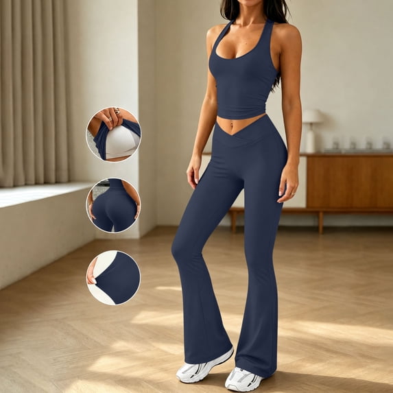 Athletic Outfit Sets 2 Piece Women Solid U Neck Racerback Crop Tank Cross Waist Flare Leggings Navy M
