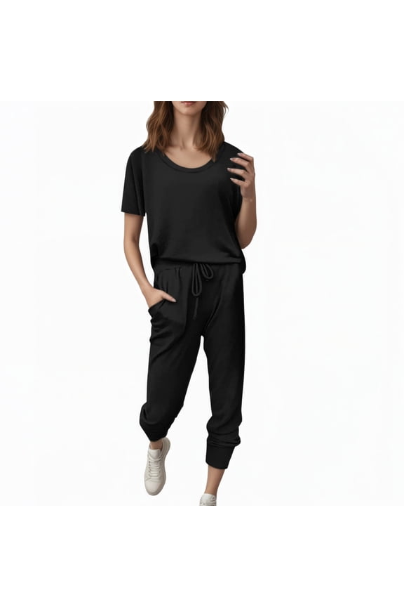 Athletic Outfit Sets for Women,Short Sleeve Tops Drawstring High Waist Pants with Pockets, Loose Fit Loungewear 2 Piece Outfits for Women,Comfortable Casual Summer, Lounge Set for Women Black L3