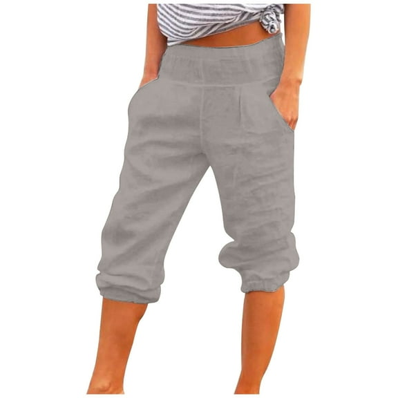 Athletic Pants for Women New Women's Capris Pants 2025 Summer Casual Loose Fitting Capris Elastic Waist Cotton Linen Straight Leg Cropped Trousers Pull on Capris for Women Gray M