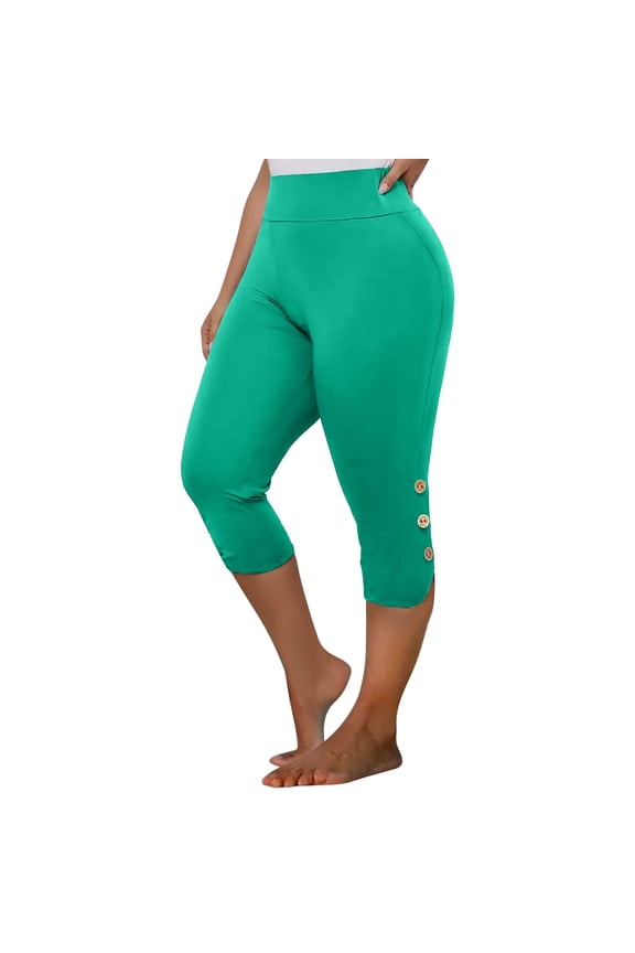 Athletic Pants for Women Summer Tight Slit Hem High Rise Capri Sweatpants Button Elastic Waist Slimming Workout Trousers, Green, XXL