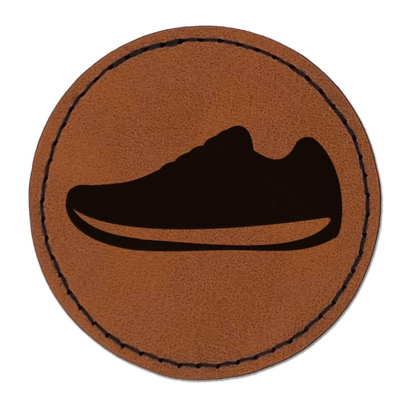 Athletic Running Shoe 2.5" Faux Leather Round Engraved Iron-On Patch - Brown