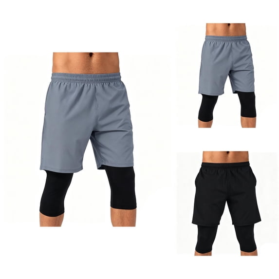 Athletic Running Shorts for Men 2 in 1 Elastic Waist Summer Shorts with Layered Compression Capri Leggings