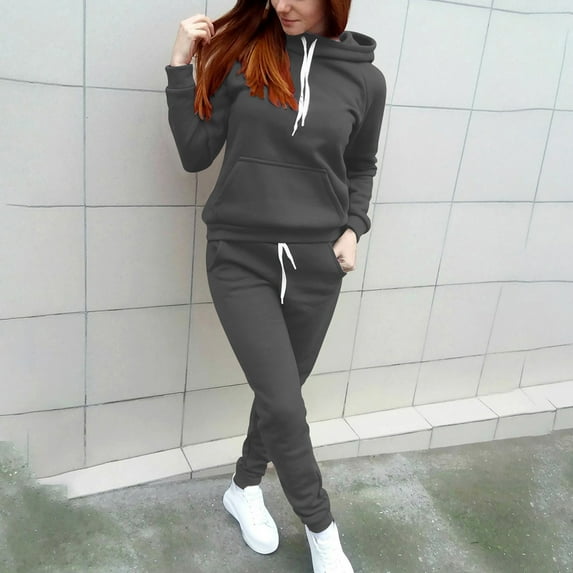 Athletic Sets for Women Long Sleeve Solid Color Hoodie with Pockets Trendy Jogger Running Tracksuit Outfits Casual Drawstring Elastic Waist Long Sweatpants 2 Piece Set