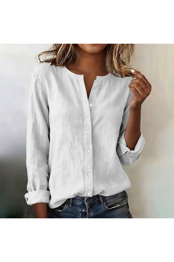 Athletic Shirts Women Long Sleeve New Women's Linen Spring/Summer V-Neck Pullover Button Shirt Short-Sleeved Tops Style B-32 White S