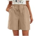 thumbnail image 1 of Athletic Shirts Women's Wide Leg Shorts Fashion Comfy Drawstring Elastic Waist Loose Shorts Lightweight Faux Linen Shorts with Pockets ,Khaki,L, 1 of 4