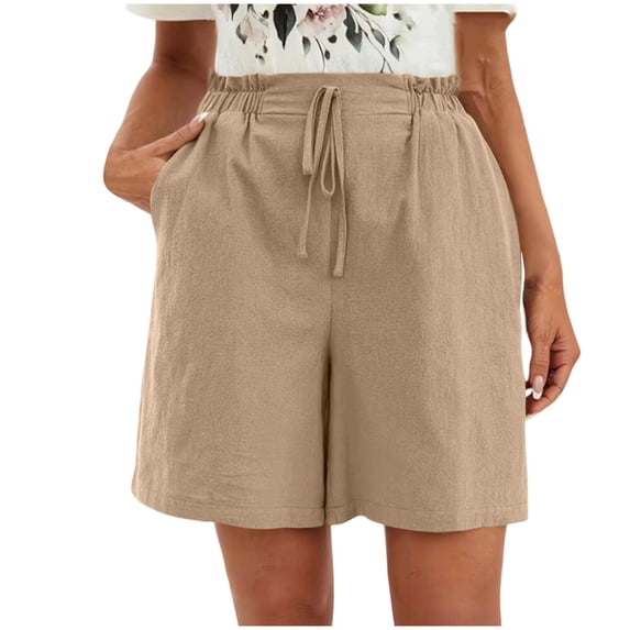 Athletic Shirts Women's Wide Leg Shorts Fashion Comfy Drawstring Elastic Waist Loose Shorts Lightweight Faux Linen Shorts with Pockets ,Khaki,L