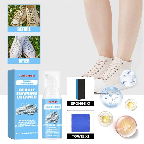 Athletic Shoe Cleaner Foam, 100ml Portable No-Rinse Formula for White Shoes, All Materials, Removes Stains & Yellowing, Prevents Oxidation, Eco-Friendly, with Sponge & Towel