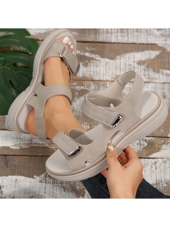 Athletic Shoes Women Adjustable Hook Loop Mesh Athletic Shoes Platformed Chunky Sole Open Toe Athletic Shoes Walking Beach Casual Footwear