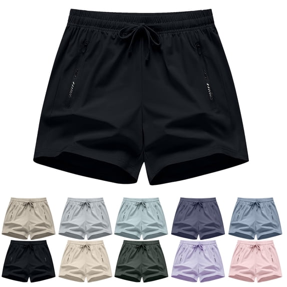 Athletic Shorts for Women Casual Solid Color High Waisted Elastic Waist Drawstring Beach Shorts with Zipper Pockets for Gym, Running, Daily, Size S-3XL