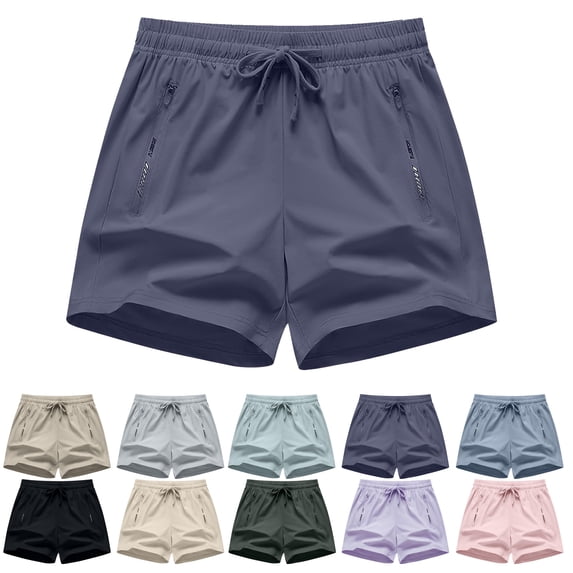 Athletic Shorts for Women Casual Solid Color High Waisted Elastic Waist Drawstring Beach Shorts with Zipper Pockets for Gym, Running, Daily, Size S-3XL