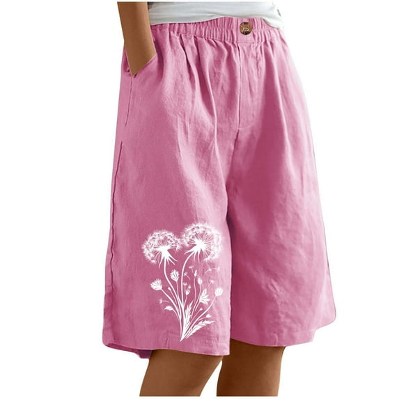 Athletic Shorts Women New Bermuda Shorts for Women Knee Length Elastic Waist Button Capris Straight Leg Shorts Trendy Summer Casual Clothes Pinky S
