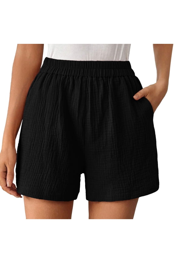 Athletic Shorts for Women Womens Short Sleeve Tunic Tops for Leggings Women's Mesh Shorts Boy Short Swimsuit Women Women's Elastic Waist Womens plus Size Double Layered Pleats Hem Straight Leg Black L