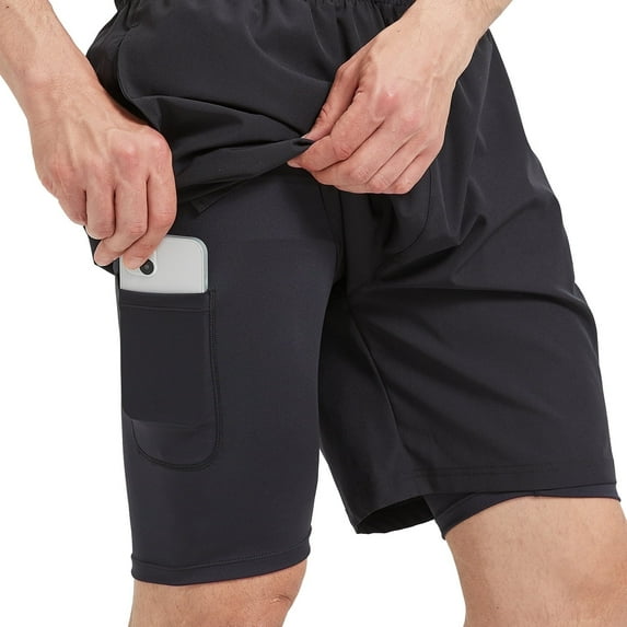 Mens Gym Works Out Shorts with Zipper Pockets 2 in 1 Athletic Shorts Black S