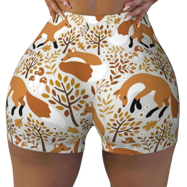 Athletic Shorts for Women, Autumn Fox with Brown Plants Wicking