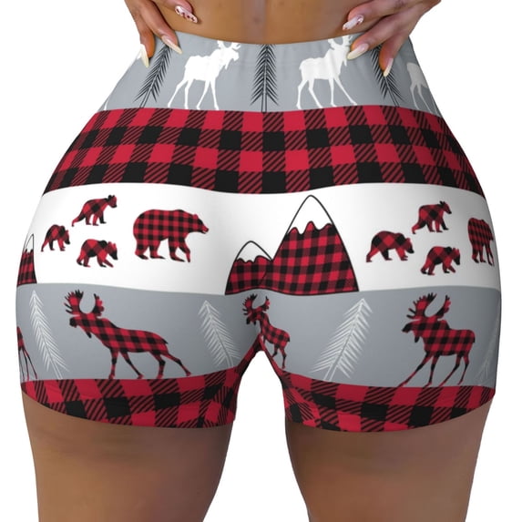 Athletic Shorts for Women, Buffalo Plaid Forest Seam Womens Shorts High Waisted Sport Running Workout Gym