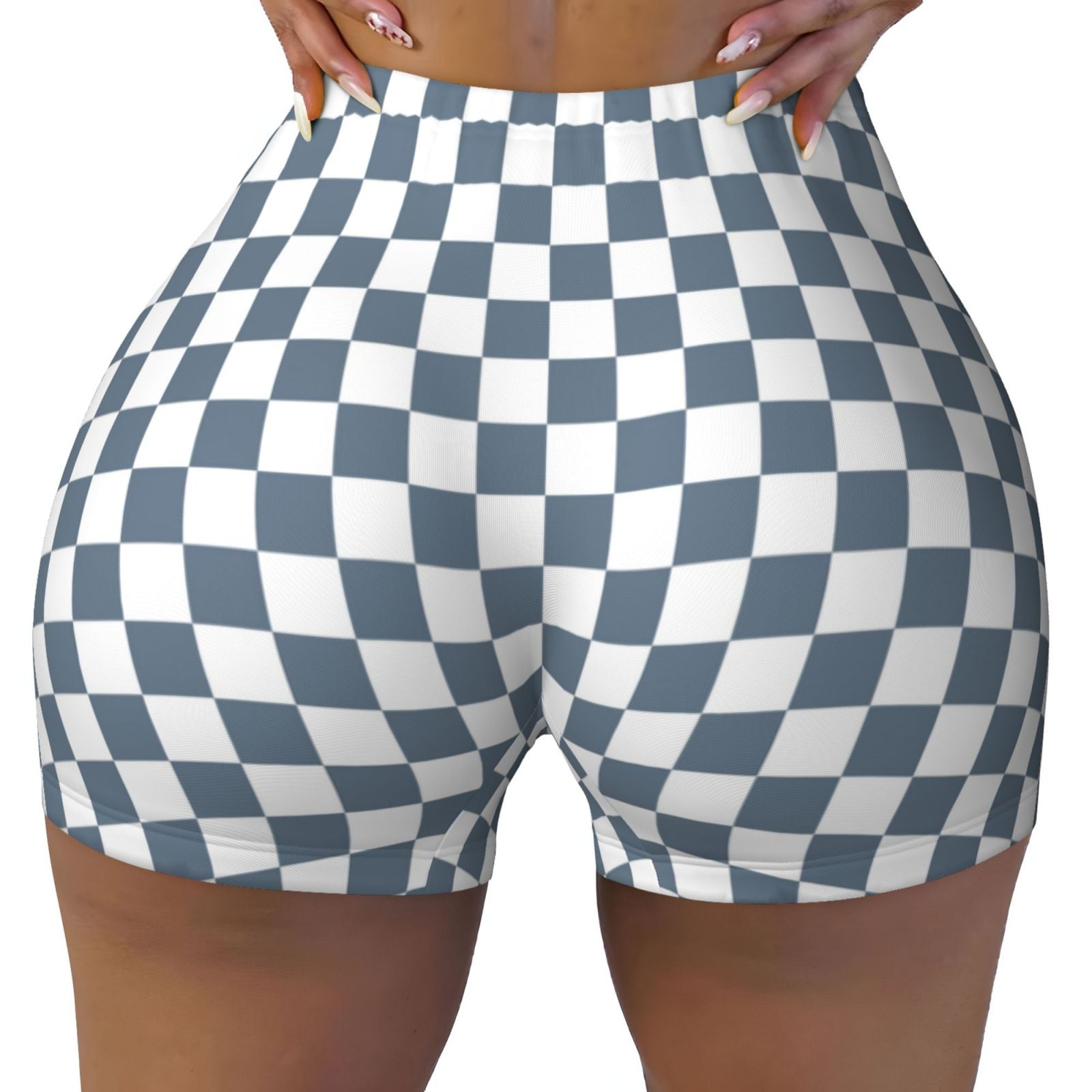 Athletic Shorts for Women, Gray White Square Plaid Wicking Seamless