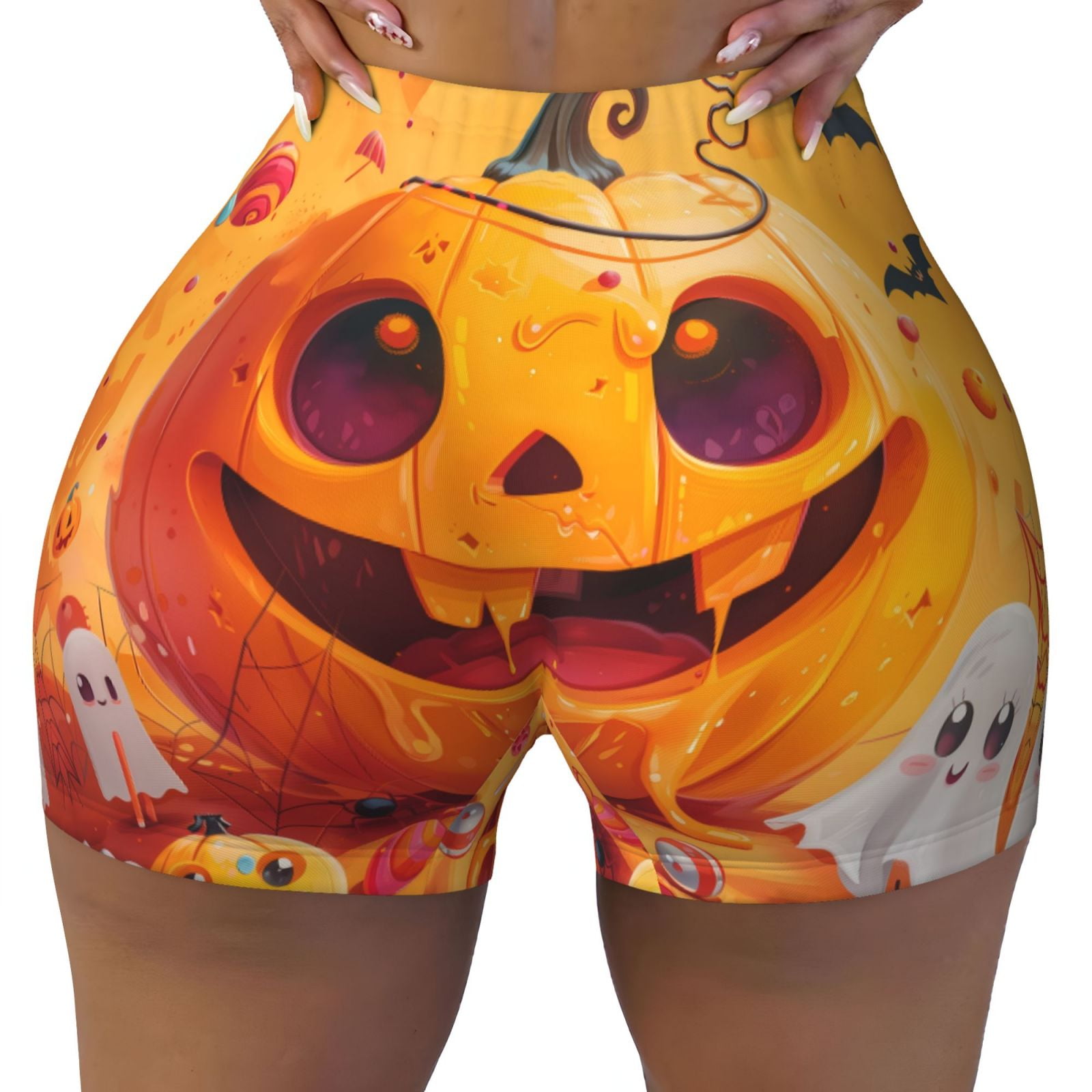 Athletic Shorts for Women, Halloween Cute Cartoon Pumpkin Seam Womens