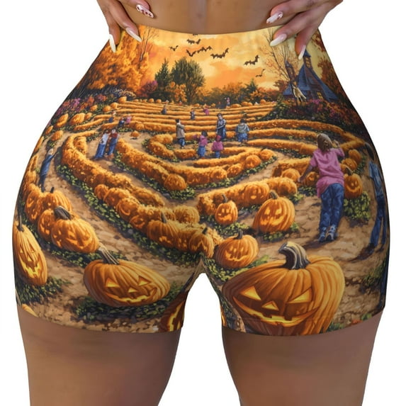 Athletic Shorts for Women, Halloween Pumpkin Garden Seam Womens Shorts High Waisted Sport Running Workout Gym