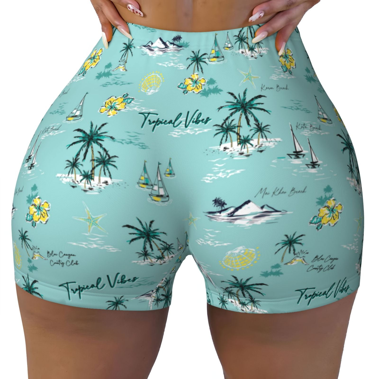 Athletic Shorts for Women, Hawaiian Style Green Yellow Wicking Seamless