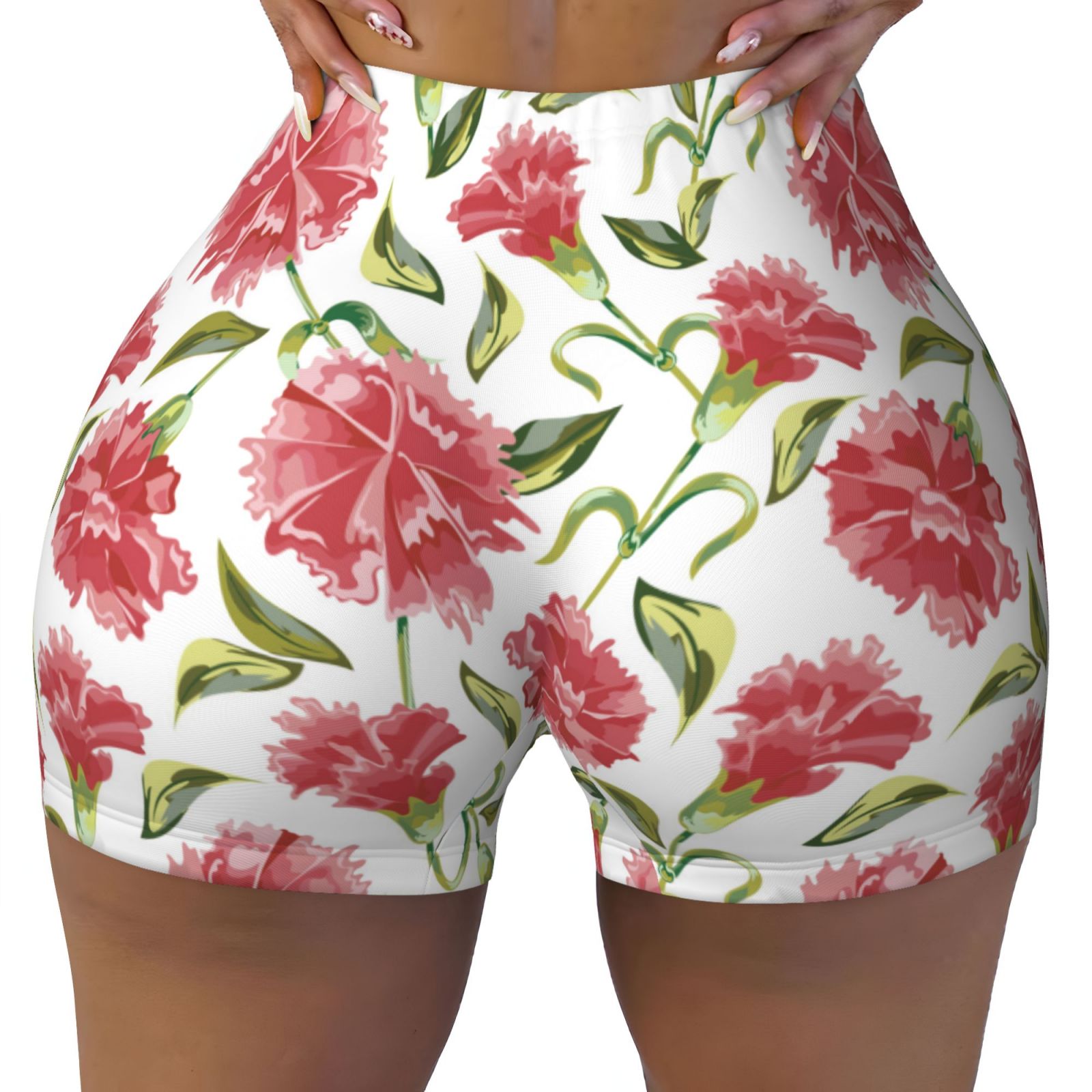 Athletic Shorts for Women, Pink Carnations Flowers Wicking Seamless