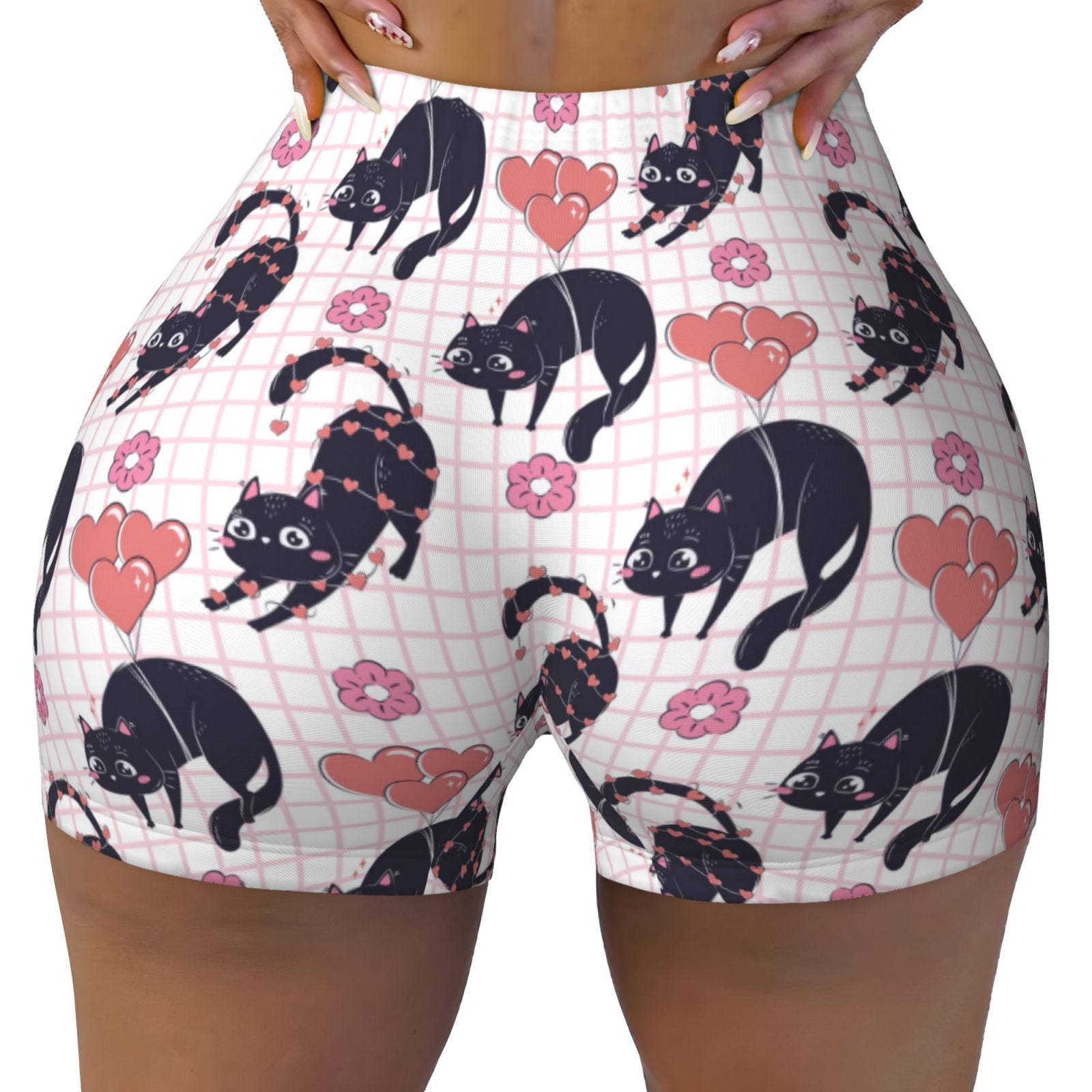Athletic Shorts for Women, Plaid Love Balloon Cute Cat Wicking Seamless