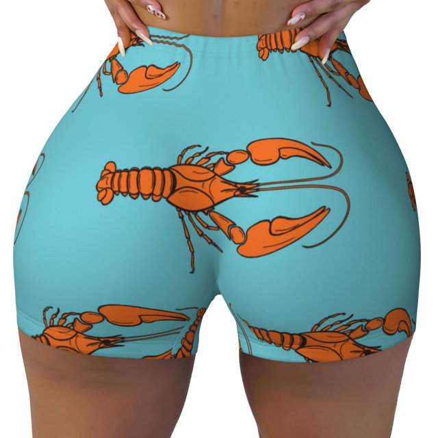 Athletic Shorts for Women, Red Cartoon Lobster Print Wicking Seamless